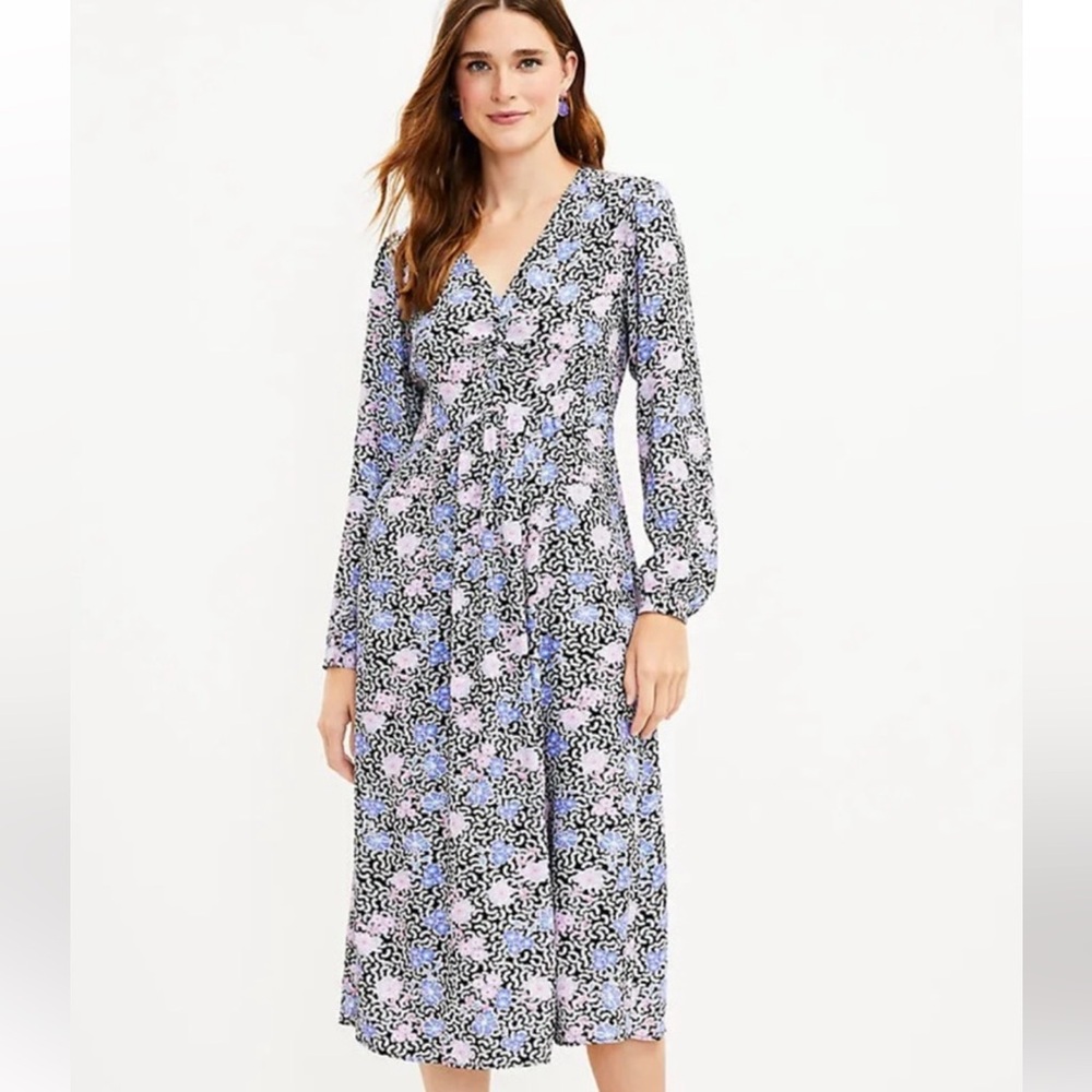 LOFT Floral Midi Dress 6 Petite NWT Long Sleeve V-Neck